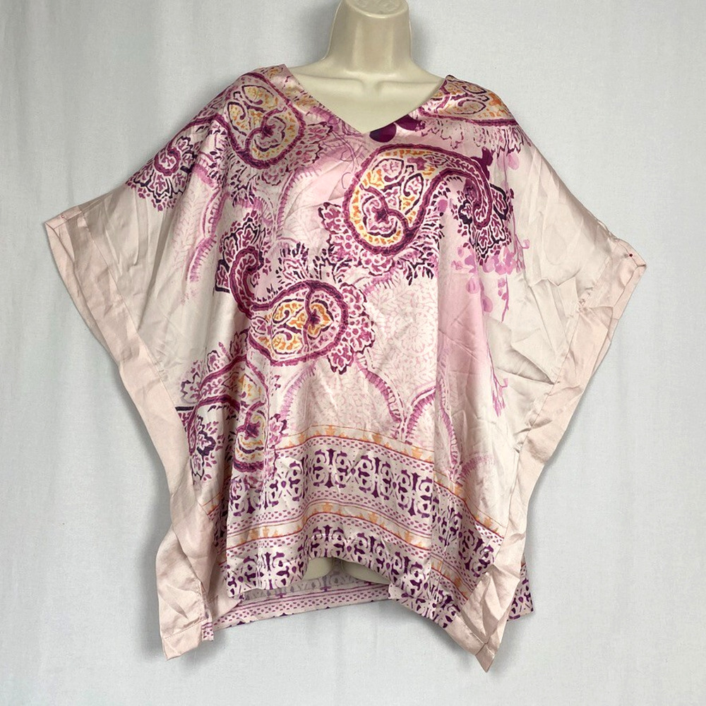 Chicos Poncho Top Small Medium Pink Satin Paisley Boho Festival Lagenlook Artsy